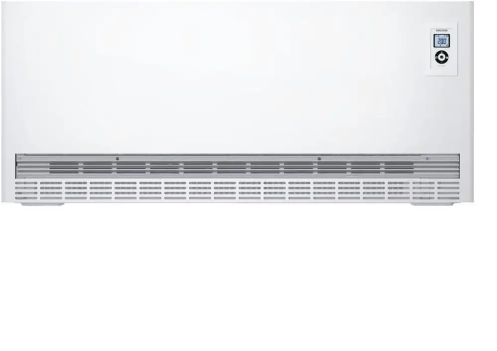 Ein weißer Niedrig-Wärmespeicher von Stiebel Eltron mit Display und Lüftungsschlitzen.